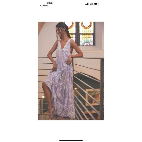 Free People Blue White Floral Tiers for You Maxi Dress Crochet Trim Boho Summer - Picture 5 of 16